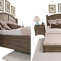 Wooden Double Bed Setup With Soft Bedding Wooden Nightstands And Framed Paintings
