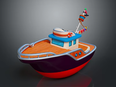Colorful Wooden Boat with Orange Deck Blue Upper Structure Red Hull Lifesaver and Flag Mast 3d model