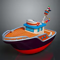Colorful Wooden Boat with Orange Deck Blue Upper Structure Red Hull Lifesaver and Flag Mast
