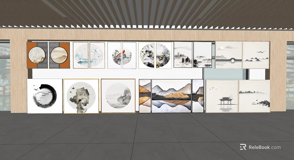 Modern Gallery Wall With Various Decorative Paintings And Landscape Artworks 3d model 
