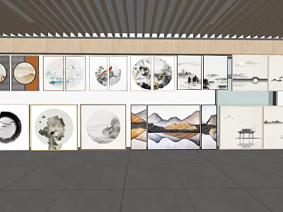Modern Gallery Wall With Various Decorative Paintings And Landscape Artworks 3d model