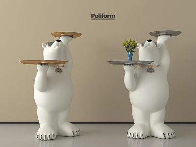 Polar Bear Shaped Side Tables With Trays Holding Green Plant And Blue Pot 3d model