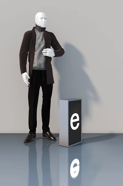Modern Hinged Door Display With Mannequin And Black Cube Having White E Letter 3d model