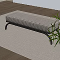 Stylish Checkered Fabric Bench With Black Metal Legs On Beige Rug Wooden Floor And Plant