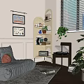 Curved Yellow Storage Shelf with Books Plants Decor and Framed Pictures in Cozy Living Room