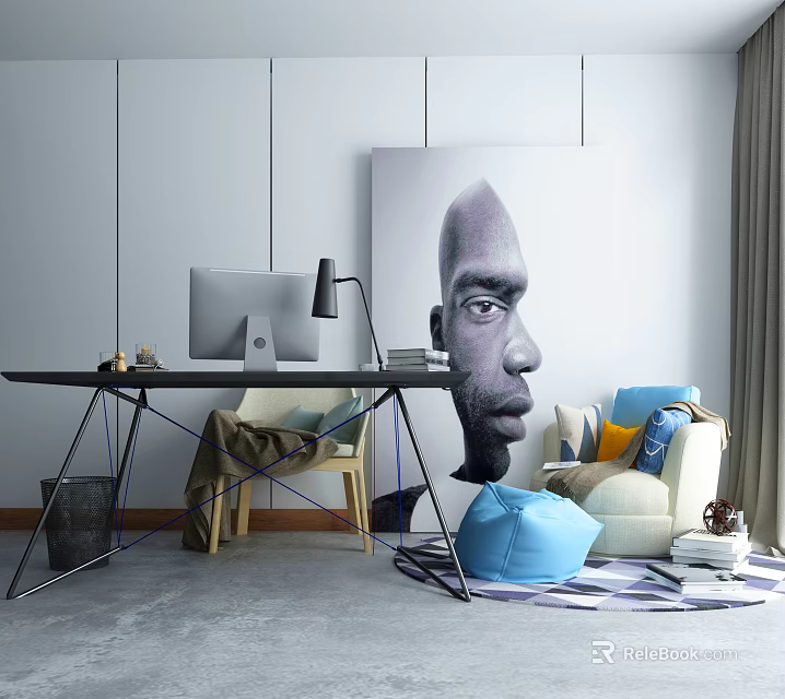 Modern Black Desk Setup With Desktop Computer Table Lamp And Large Abstract Portrait Painting 3d model 
