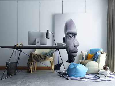 Modern Black Desk Setup With Desktop Computer Table Lamp And Large Abstract Portrait Painting 3d model