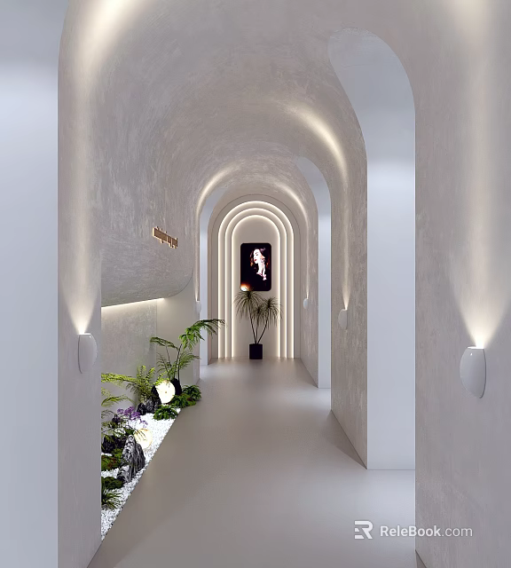 Elegant Hotel Corridor With White Arched Design Soft Lighting Green Plants And Decorative Painting 3d model 