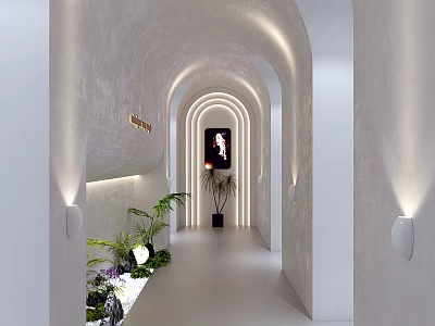 Elegant Hotel Corridor With White Arched Design Soft Lighting Green Plants And Decorative Painting 3d model