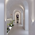 Elegant Hotel Corridor With White Arched Design Soft Lighting Green Plants And Decorative Painting