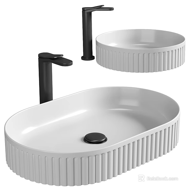 Modern White Ceramic Ribbed Washbasin With Black Faucet Oval Shape And Drain 3d model 