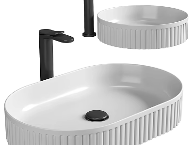 Modern White Ceramic Ribbed Washbasin With Black Faucet Oval Shape And Drain 3d model