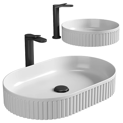 Modern White Ceramic Ribbed Washbasin With Black Faucet Oval Shape And Drain 3d model