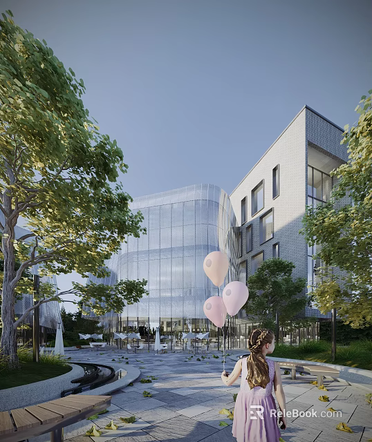 Modern Office Building Exterior With Glass Curtain Wall Trees Balloons And Outdoor Seating 3d model 