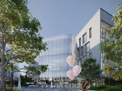 Modern Office Building Exterior With Glass Curtain Wall Trees Balloons And Outdoor Seating 3d model