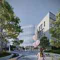 Modern Office Building Exterior With Glass Curtain Wall Trees Balloons And Outdoor Seating
