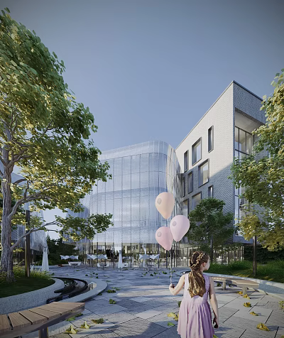 Modern Office Building Exterior With Glass Curtain Wall Trees Balloons And Outdoor Seating 3d model