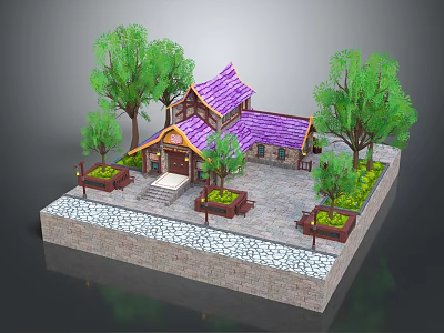 Cartoon Style Traditional Building Scene With Purple Roof Green Trees And Flower Beds 3d model