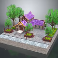 Cartoon Style Traditional Building Scene With Purple Roof Green Trees And Flower Beds