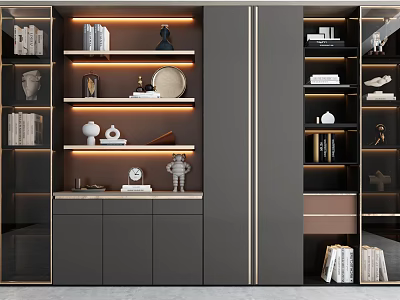 Modern Bookcase Interior Design With Illuminated Shelves Decorative Items And Books 3d model