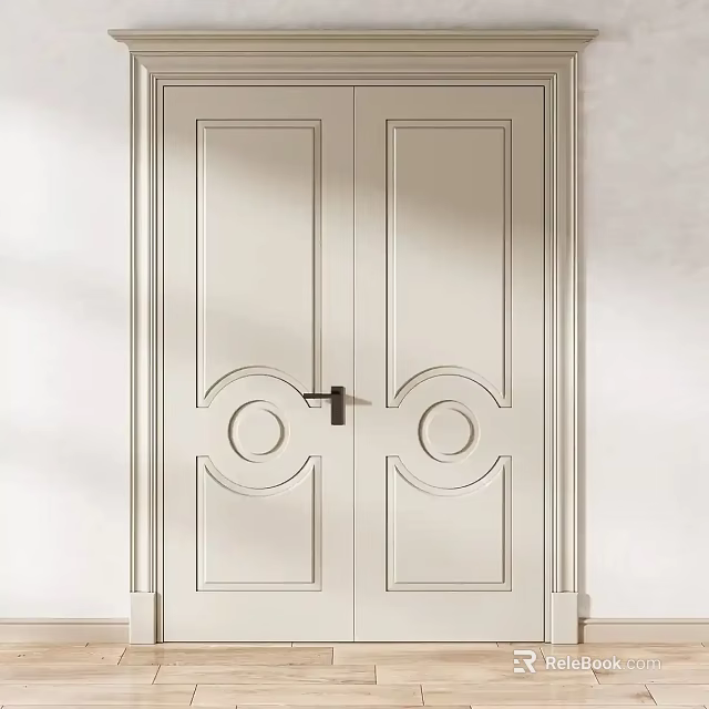 Elegant White Double Doors With Decorative Circular Patterns And Black Handle 3d model