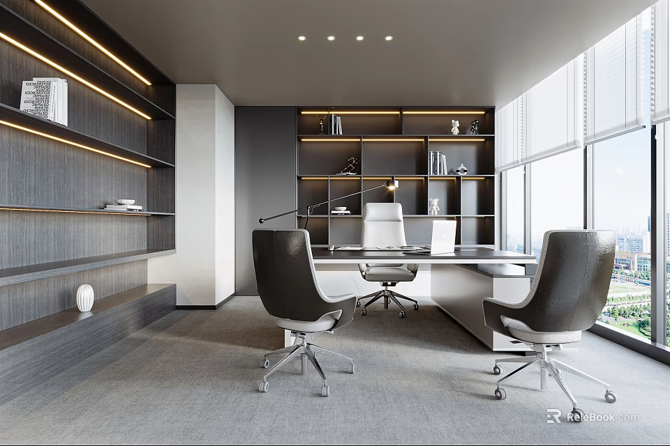 Modern Office Interior Design With Spacious Desk Ergonomic Chairs Built in Bookshelves And Large Windows 3d model 