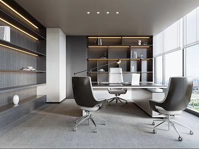 Modern Office Interior Design With Spacious Desk Ergonomic Chairs Built in Bookshelves And Large Windows 3d model