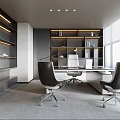 Modern Office Interior Design With Spacious Desk Ergonomic Chairs Built in Bookshelves And Large Windows