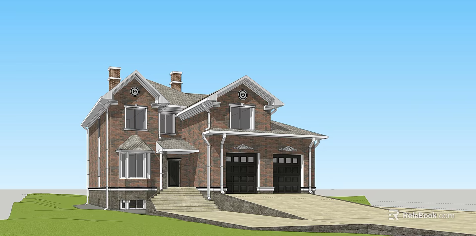 Traditional Detached House With Brick Exterior Gray Roof Two Chimneys And Garage 3d model 