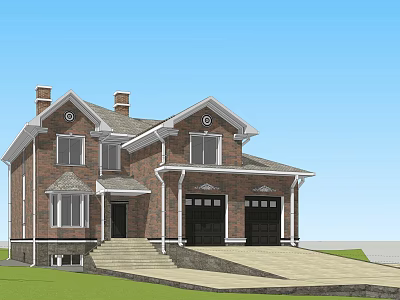 Traditional Detached House With Brick Exterior Gray Roof Two Chimneys And Garage 3d model
