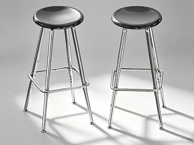 Two Contemporary Metal Bar Stools With Round Silver Seats And Chrome Legs 3d model