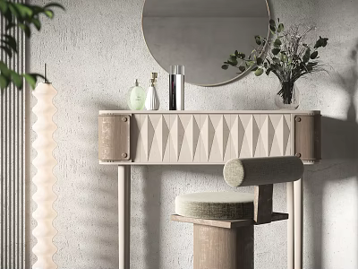 Elegant Modern Dressing Table With Round Mirror Decorative Bottles Vase Plants And Stool 3d model
