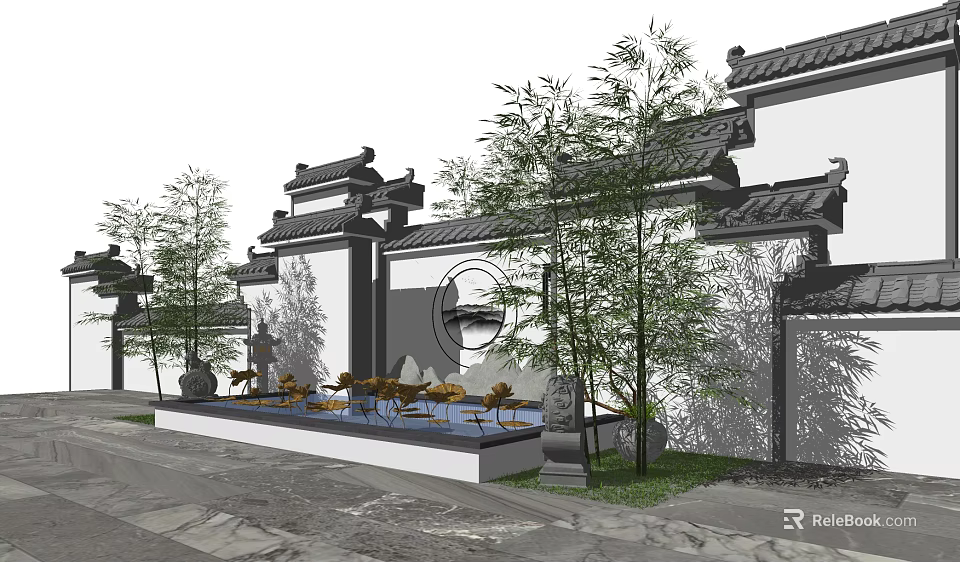 Traditional Chinese Landscape Wall with Tiled Roofs Bamboo Trees and Water Feature in Courtyard 3d model 