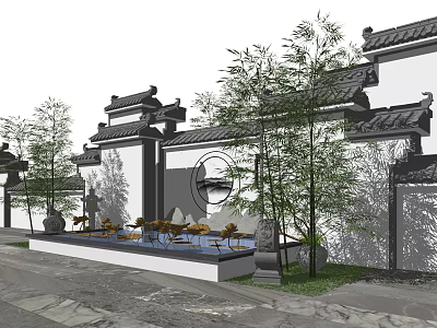 Traditional Chinese Landscape Wall with Tiled Roofs Bamboo Trees and Water Feature in Courtyard 3d model