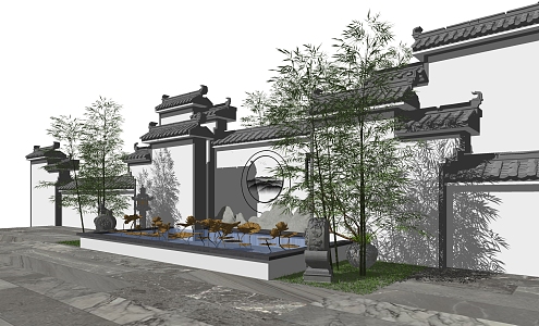 New Chinese style landscape wall landscape door courtyard with pond 3d model