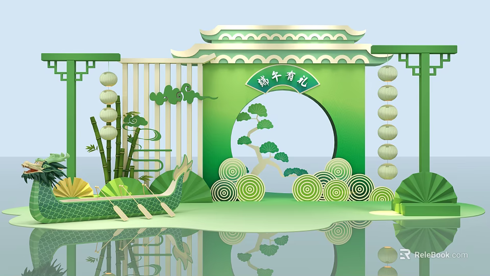 Dragon Boat Festival Check in Photo Spot With Green Archway Dragon Boat Bamboo And Lanterns 3d model 