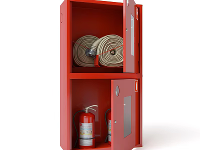Red Fire Equipment Cabinet With Fire Hoses And Extinguishers For Safety 3d model
