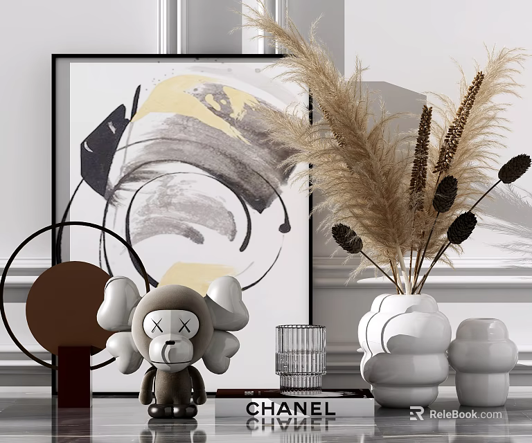 Modern Ornamental Decor Set With Abstract Painting Cartoon Figurine CHANEL Box Dried Flowers Geometric Vases 3d model 