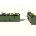 Decorative Green Rectangular Garden Planters With Circular Patterns And Lush Plants
