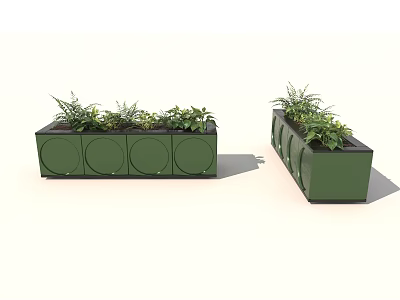 Decorative Green Rectangular Garden Planters With Circular Patterns And Lush Plants 3d model