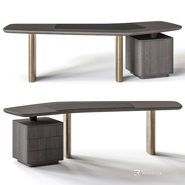 Modern Office Desk Design With Dark Wooden Top Gold Metal Legs And Storage Cabinet 3d model 