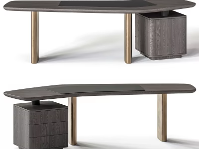 Modern Office Desk Design With Dark Wooden Top Gold Metal Legs And Storage Cabinet 3d model