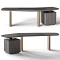 Modern Office Desk Design With Dark Wooden Top Gold Metal Legs And Storage Cabinet
