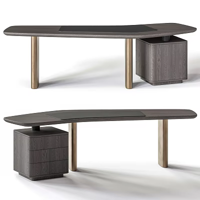 Modern Office Desk Design With Dark Wooden Top Gold Metal Legs And Storage Cabinet 3d model