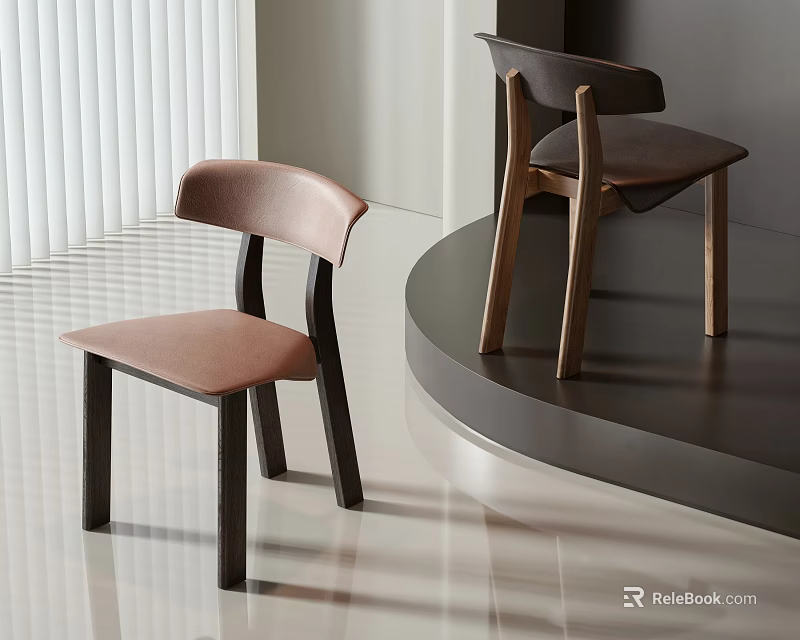 Modern Single Chair With Leather Seat Wooden Frame And Natural Light In Showroom 3d model 