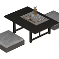 Black Tea Table With Gray Cushioned Seats And Tea Set Decorative Items 3d model