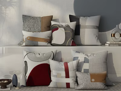 Modern Geometric Throw Pillows with Red Gray Beige Brown Tones and Abstract Patterns 3d model