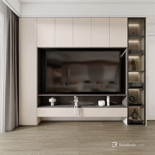 Modern TV Background Cabinet Design With Built-in TV And Illuminated Shelves For Living Room 3d model 