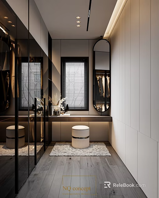 Modern Walk-in Closet Interior With Mirror Cabinets Stool Rug And Window Blinds 3d model 