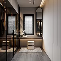Modern Walk-in Closet Interior With Mirror Cabinets Stool Rug And Window Blinds
